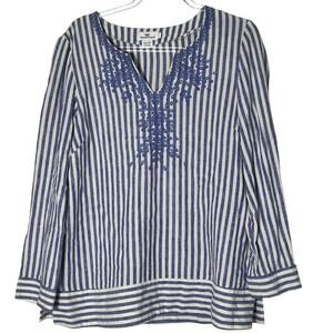 Vineyard Vines Savannah Popover Blouse Women's Blue White Large Linen Blend